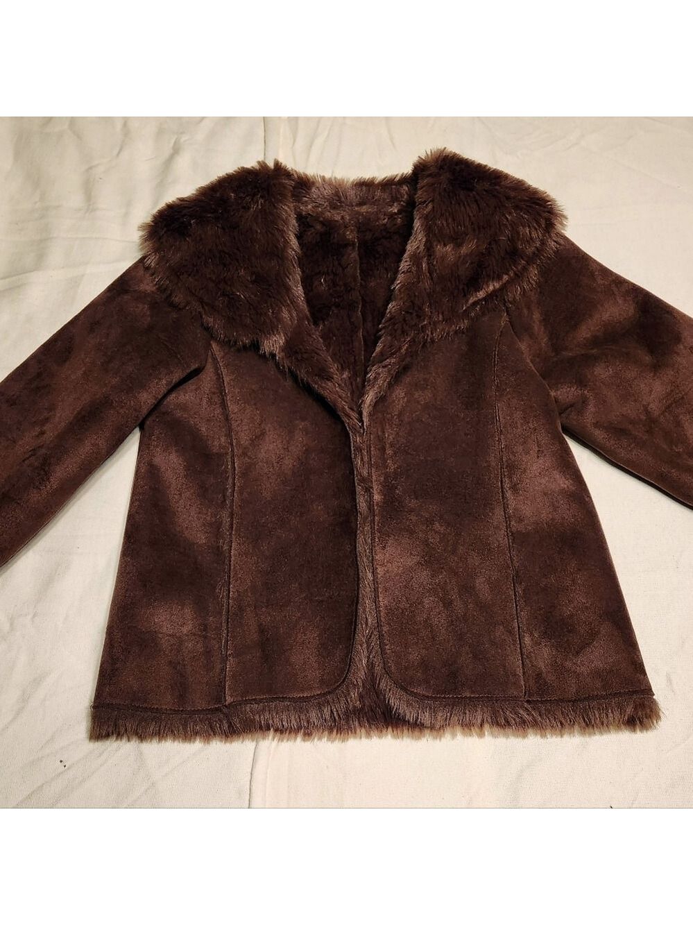 Mixit Reversible Faux Fur Suede Crop Jacket Brown Small - Picture 7 of 10